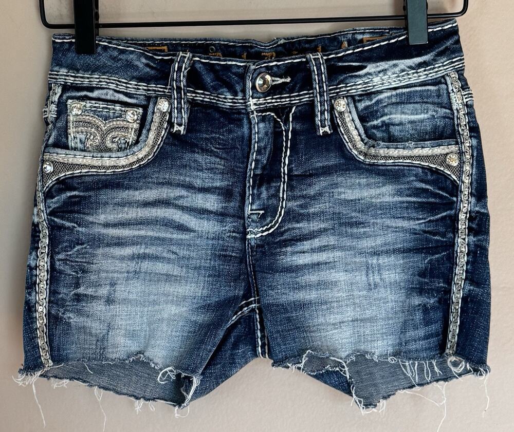 Rock Revival Denim Shorts Raw Hem Blue Women’s Size 24 Crimson